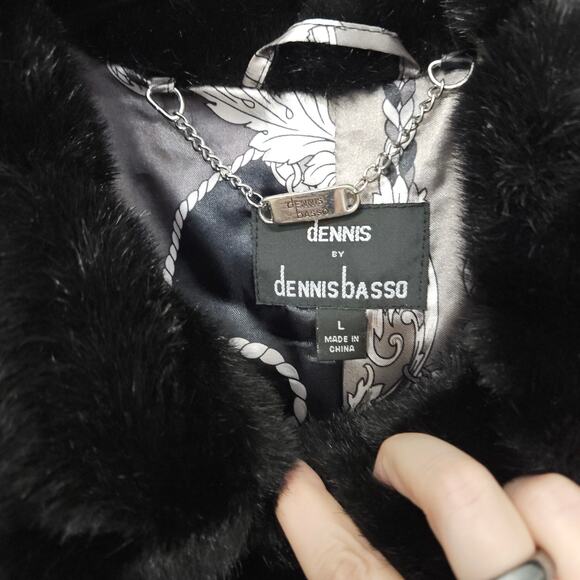 Dennis Basso Faux Fur Mink Black Coat Women Size Large Collared Pockets Mobwife - Picture 7 of 12